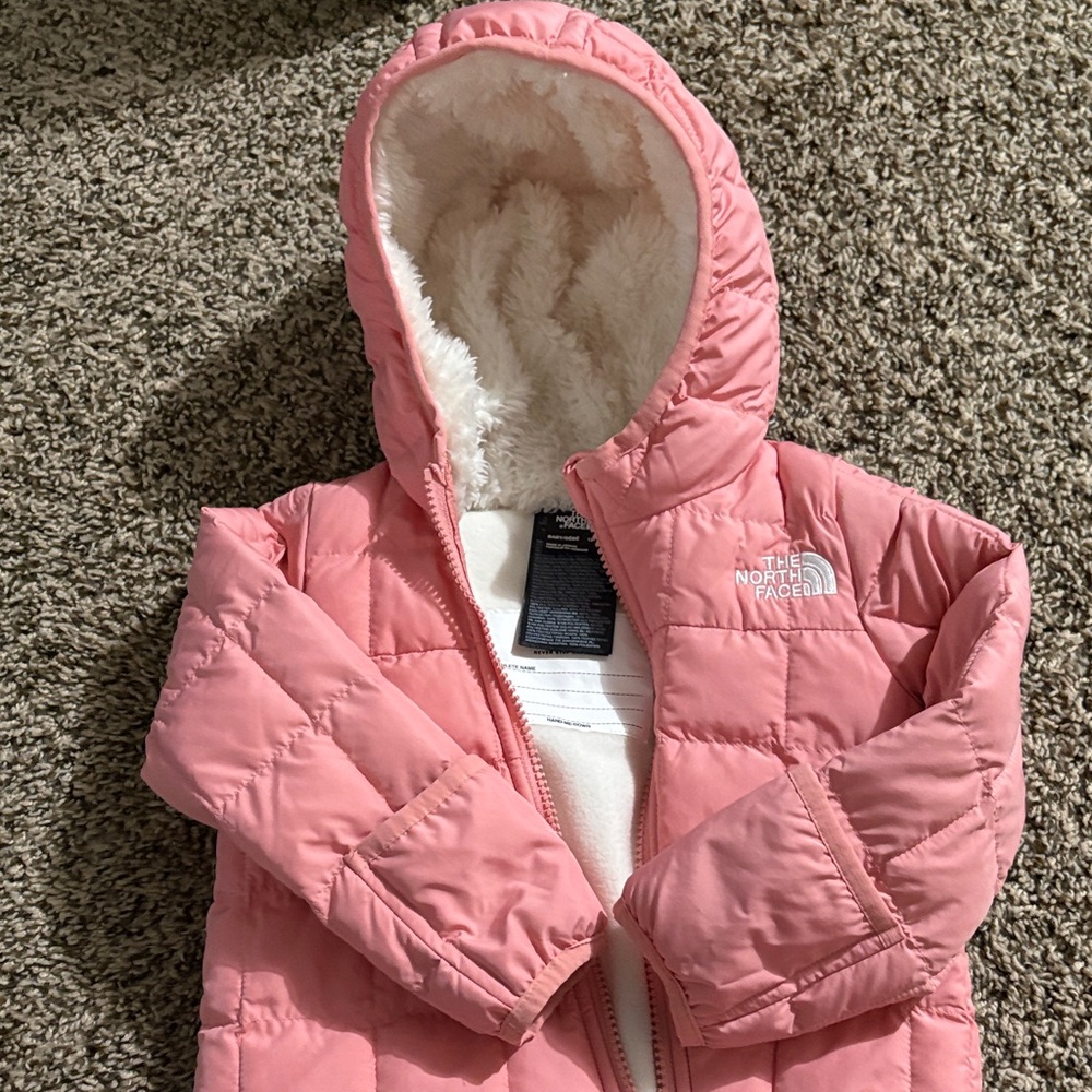 The North Face Pink Quilted Kids Hooded One-Piece Footie - Picture 3 of 7
